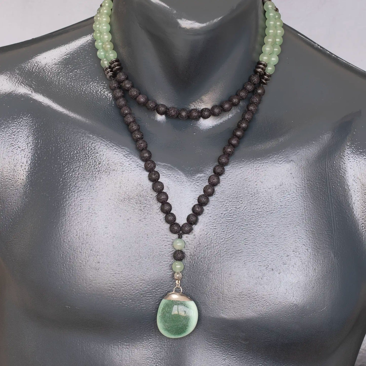 Natural Tumbled Green Aventurine Pendant, Green Aventurine & Lava Stone Beaded 108 Mala Necklace