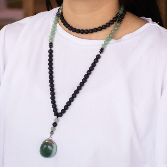 Natural Tumbled Green Aventurine Pendant, Green Aventurine & Lava Stone Beaded 108 Mala Necklace