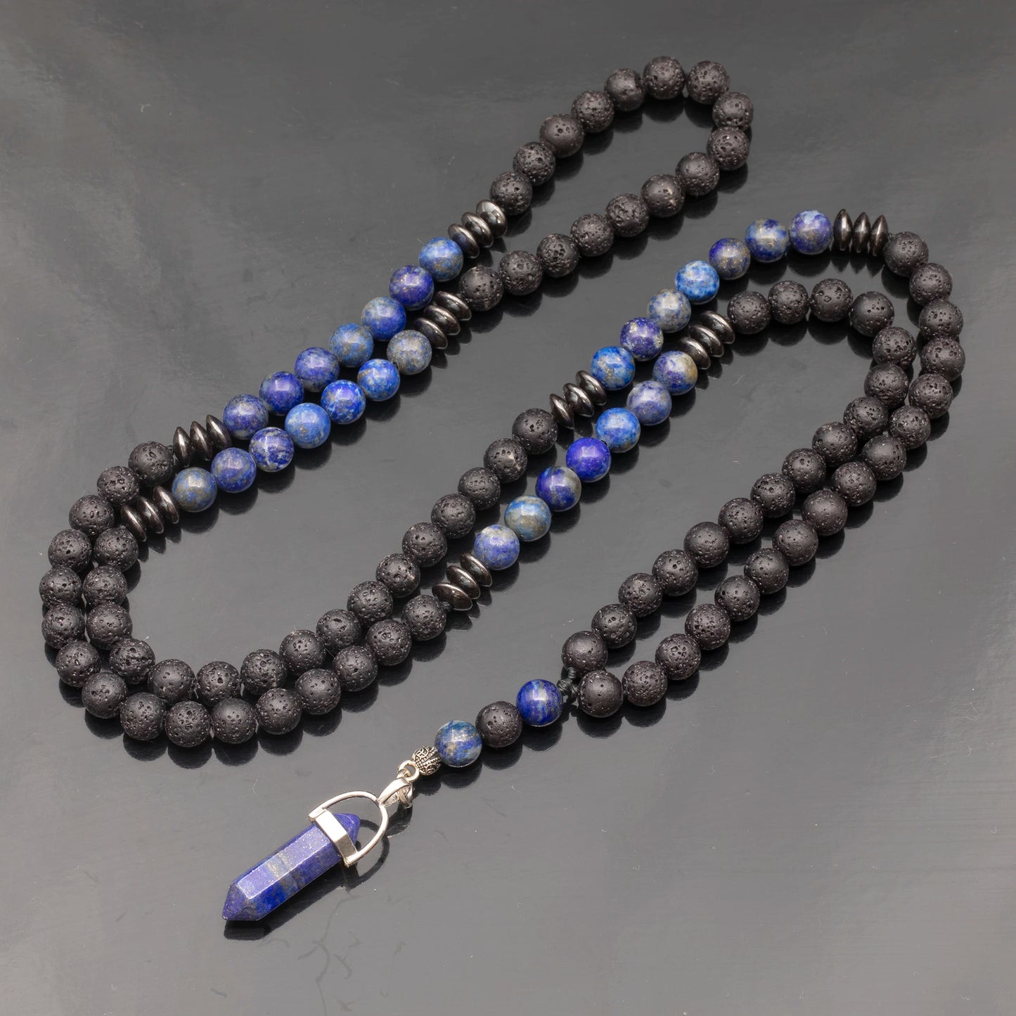 Natural Pointed Lapis Lazuli Pendant, Lapis Lazuli & Lava Stone Beaded 108 Mala Necklace