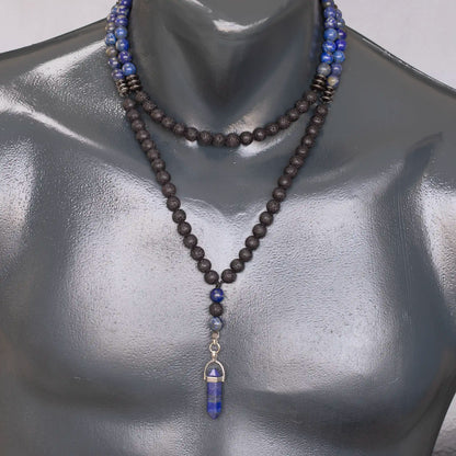 Natural Pointed Lapis Lazuli Pendant, Lapis Lazuli & Lava Stone Beaded 108 Mala Necklace