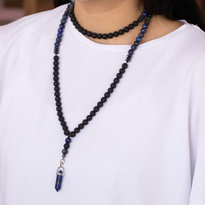 Natural Pointed Lapis Lazuli Pendant, Lapis Lazuli & Lava Stone Beaded 108 Mala Necklace