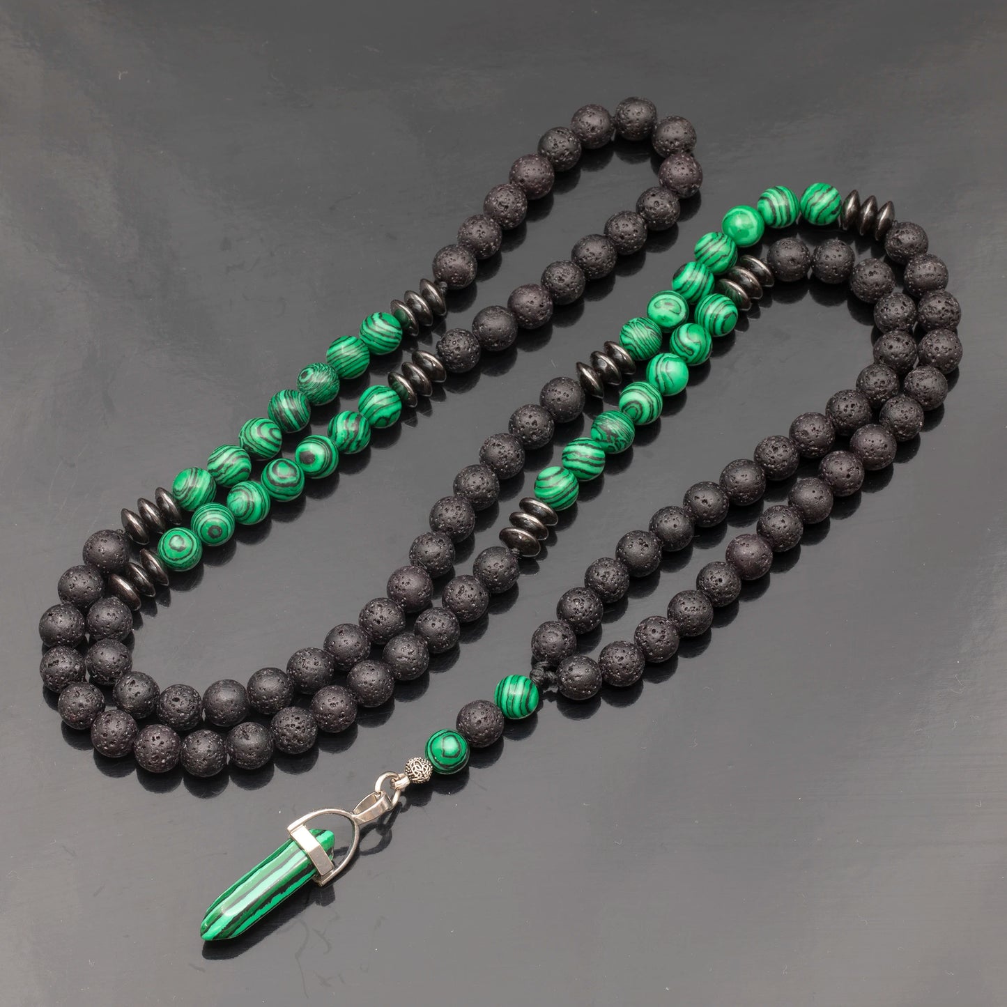 Pointed Malachite Pendant, Malachite & Lava Stone Beaded 108 Mala Necklace