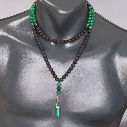 Pointed Malachite Pendant, Malachite & Lava Stone Beaded 108 Mala Necklace