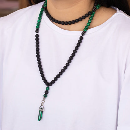 Pointed Malachite Pendant, Malachite & Lava Stone Beaded 108 Mala Necklace