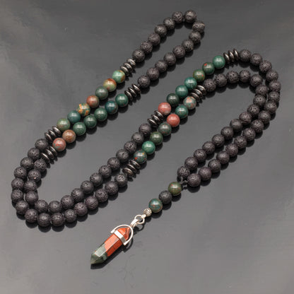 Natural Pointed Bloodstone Pendant, Bloodstone & Lava Stone Beaded 108 Mala Necklace