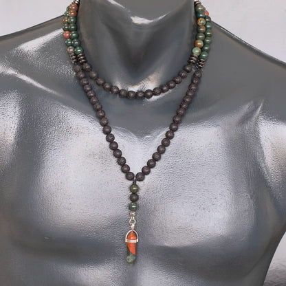 Natural Pointed Bloodstone Pendant, Bloodstone & Lava Stone Beaded 108 Mala Necklace