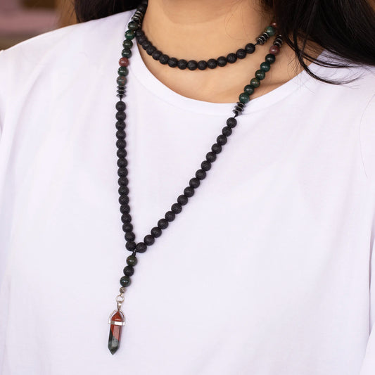 Natural Pointed Bloodstone Pendant, Bloodstone & Lava Stone Beaded 108 Mala Necklace