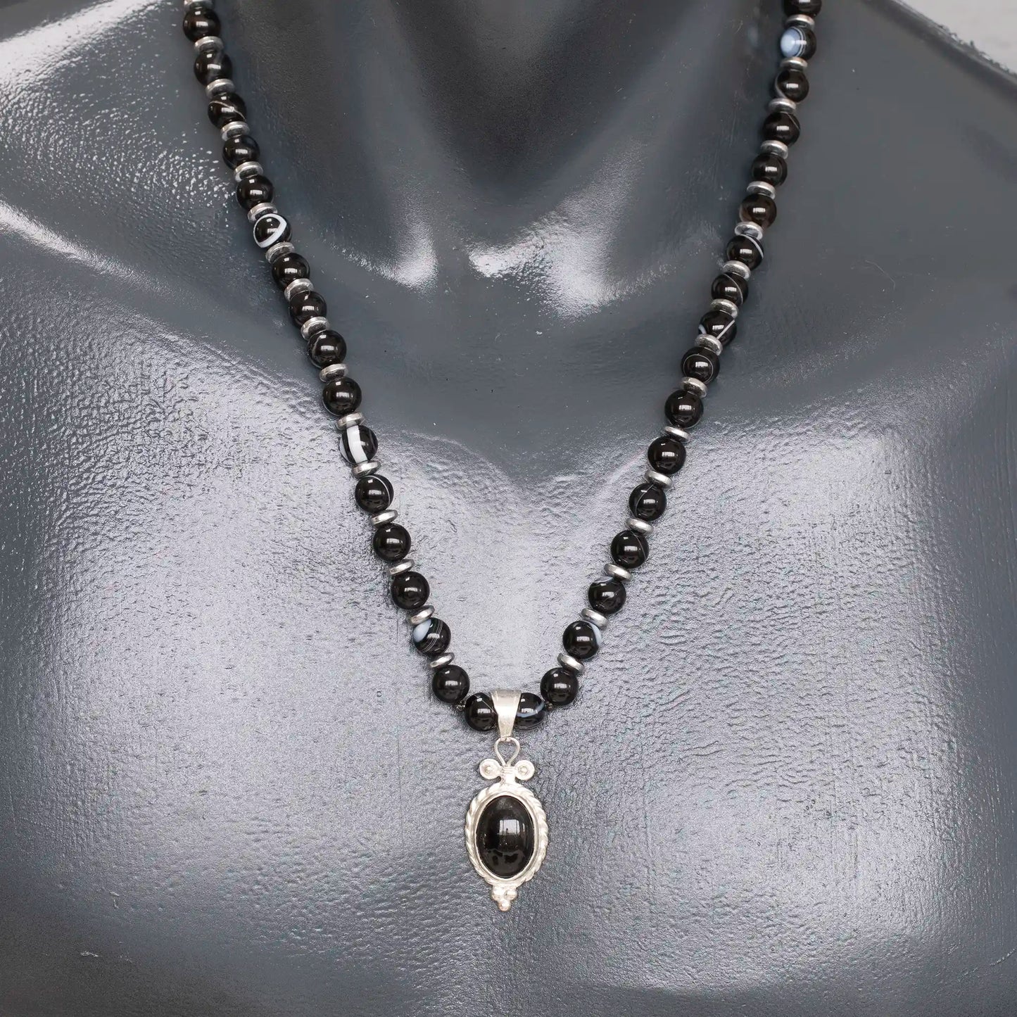 Natural Black Agate Silver Pendant, Natural Black Agate Beaded Clasp Necklace