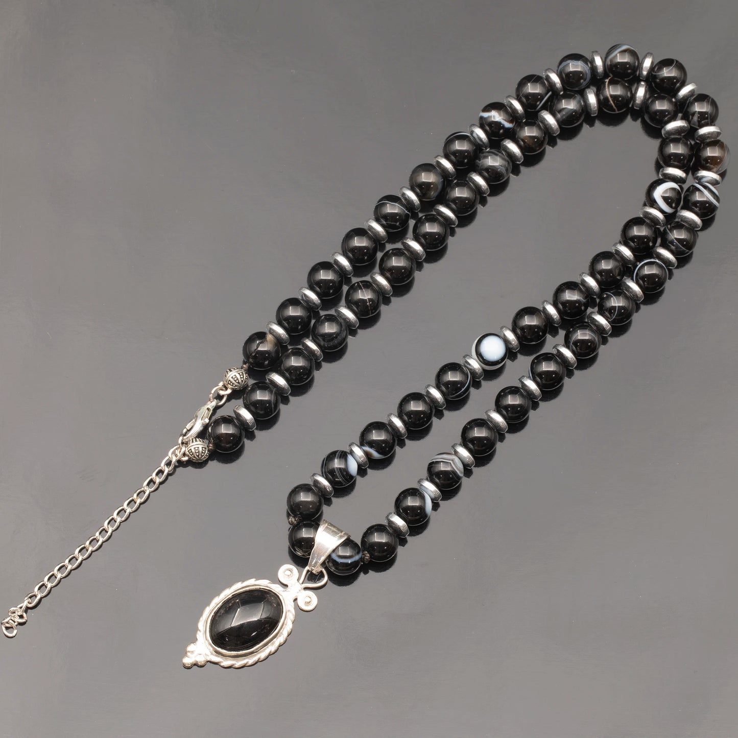 Natural Black Agate Silver Pendant, Natural Black Agate Beaded Clasp Necklace