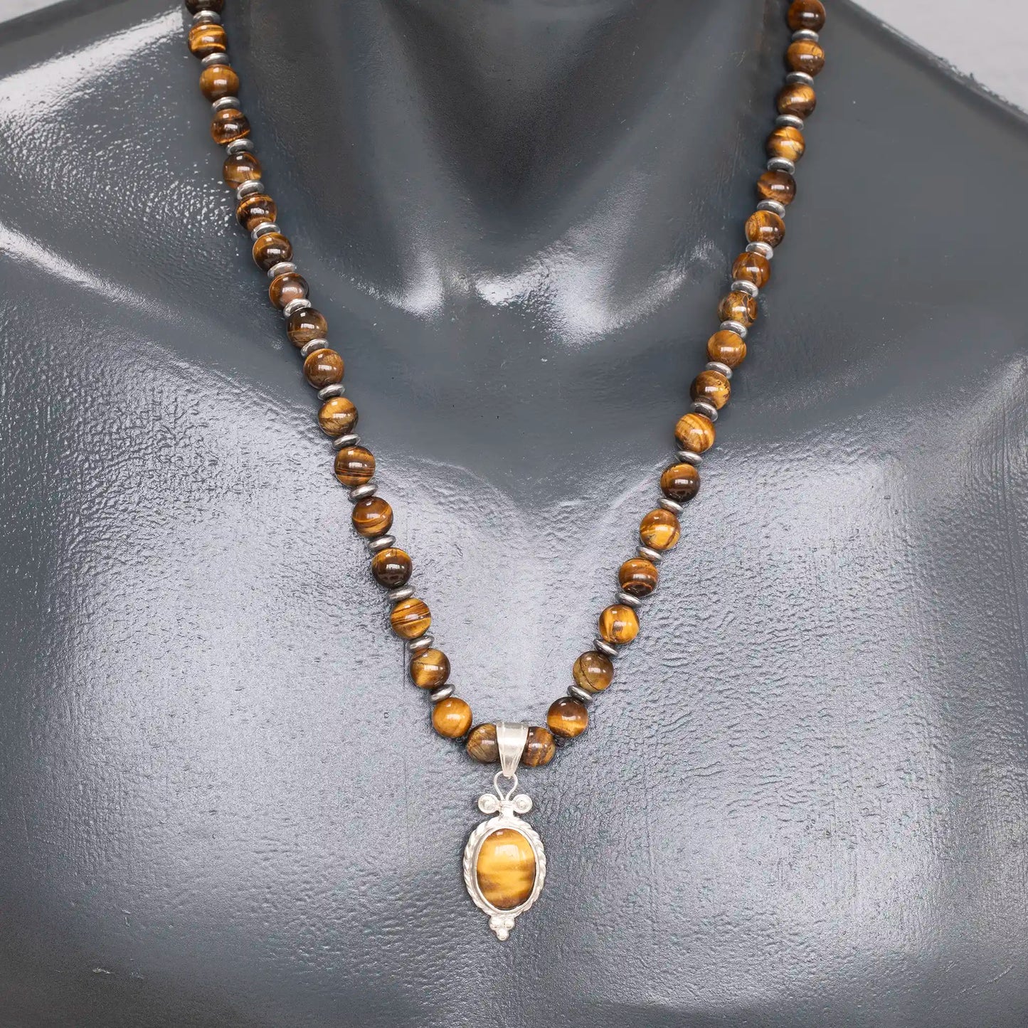 Natural Tiger Eye Silver Pendant, Natural Tiger Eye Beaded Clasp Necklace