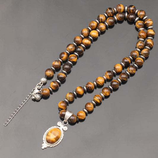 Natural Tiger Eye Silver Pendant, Natural Tiger Eye Beaded Clasp Necklace