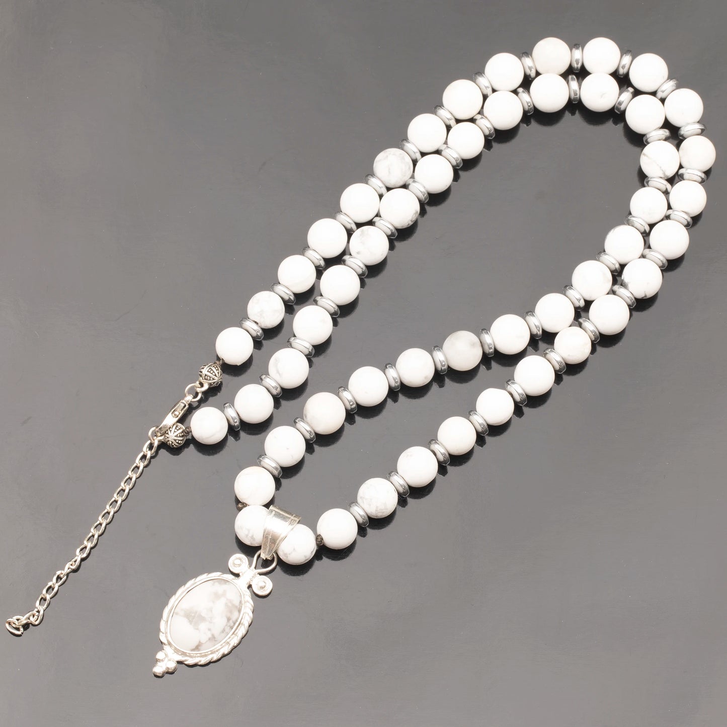 Natural Howlite Silver Pendant, Natural Howlite Beaded Clasp Necklace