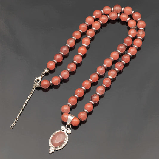 Natural Cherry Quartz Silver Pendant, Natural Cherry Quartz Beaded Clasp Necklace