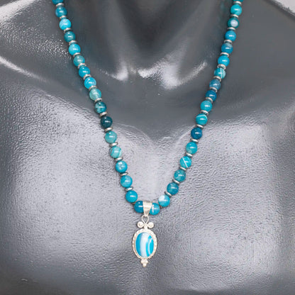 Natural Blue Agate Silver Pendant, Natural Blue Agate Beaded Clasp Necklace