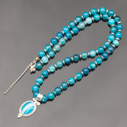 Natural Blue Agate Silver Pendant, Natural Blue Agate Beaded Clasp Necklace