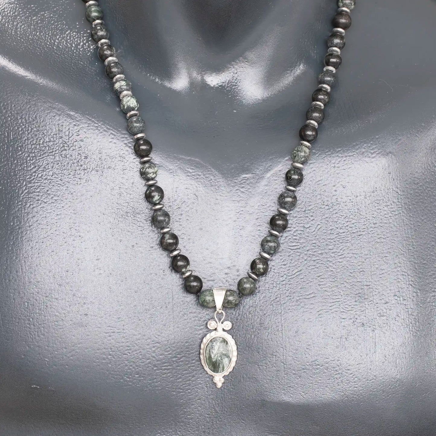 Natural Serpentine Silver Pendant, Natural Serpentine Beaded Clasp Necklace