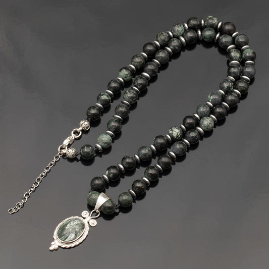 Natural Serpentine Silver Pendant, Natural Serpentine Beaded Clasp Necklace