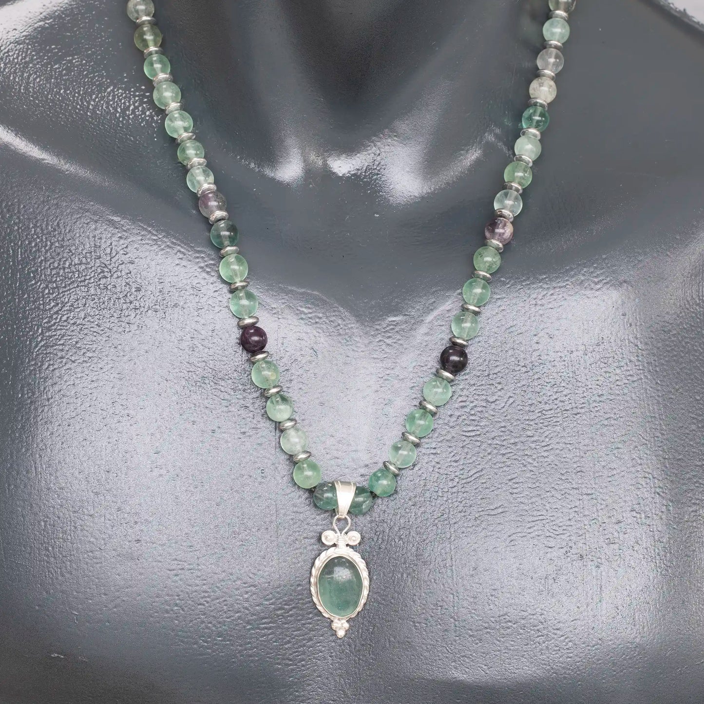 Natural Fluorite Silver Pendant, Natural Fluorite Beaded Clasp Necklace