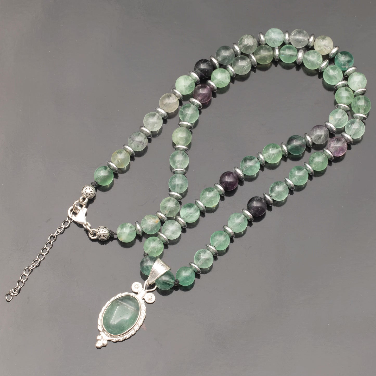 Natural Fluorite Silver Pendant, Natural Fluorite Beaded Clasp Necklace