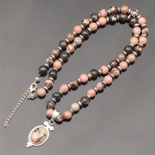 Natural Rhodonite Silver Pendant, Natural Rhodonite Beaded Clasp Necklace