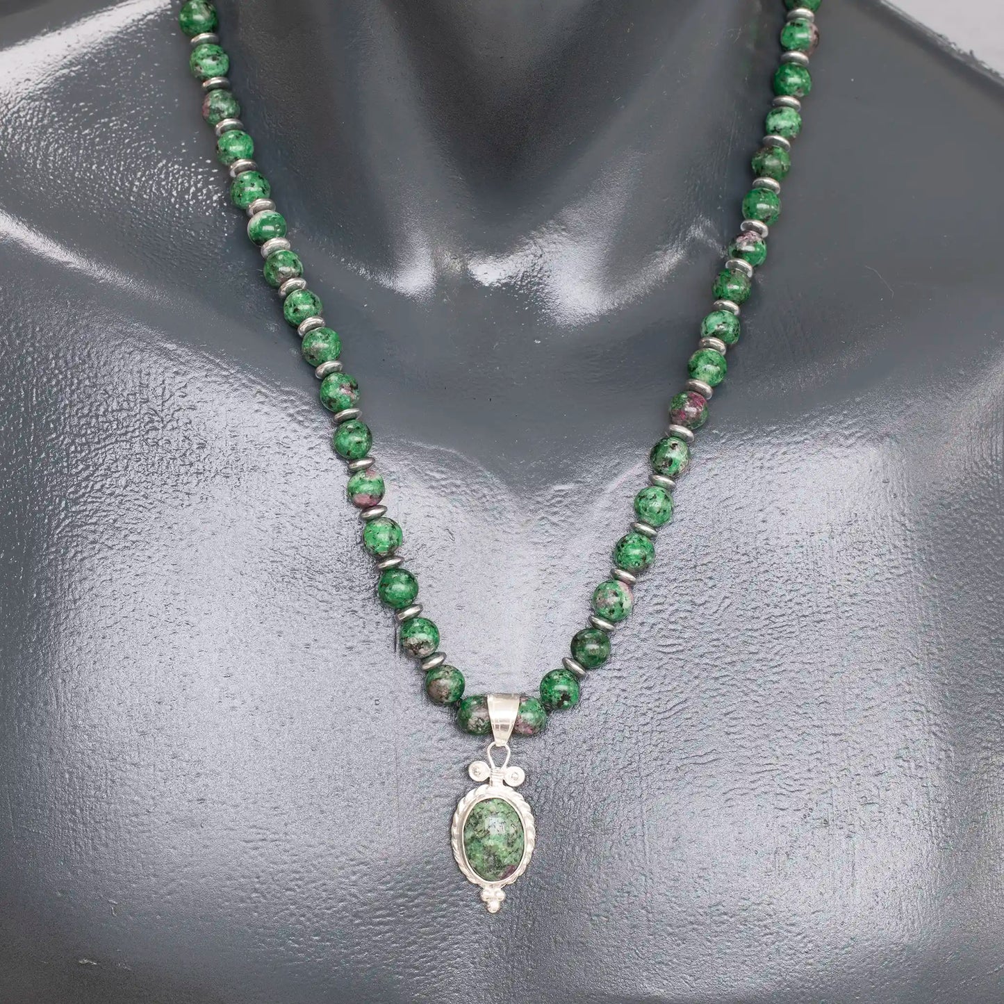 Natural Ruby Zoisite (Anyolite) Silver Pendant, Natural Ruby Zoisite Beaded Clasp Necklace