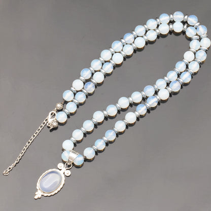 Natural Opalite Silver Pendant, Natural Opalite Beaded Clasp Necklace