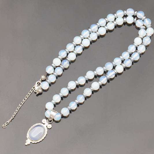 Natural Opalite Silver Pendant, Natural Opalite Beaded Clasp Necklace