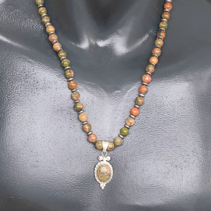 Natural Unakite Silver Pendant, Natural Unakite Beaded Clasp Necklace