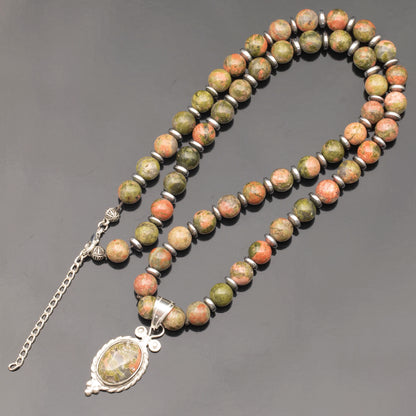 Natural Unakite Silver Pendant, Natural Unakite Beaded Clasp Necklace