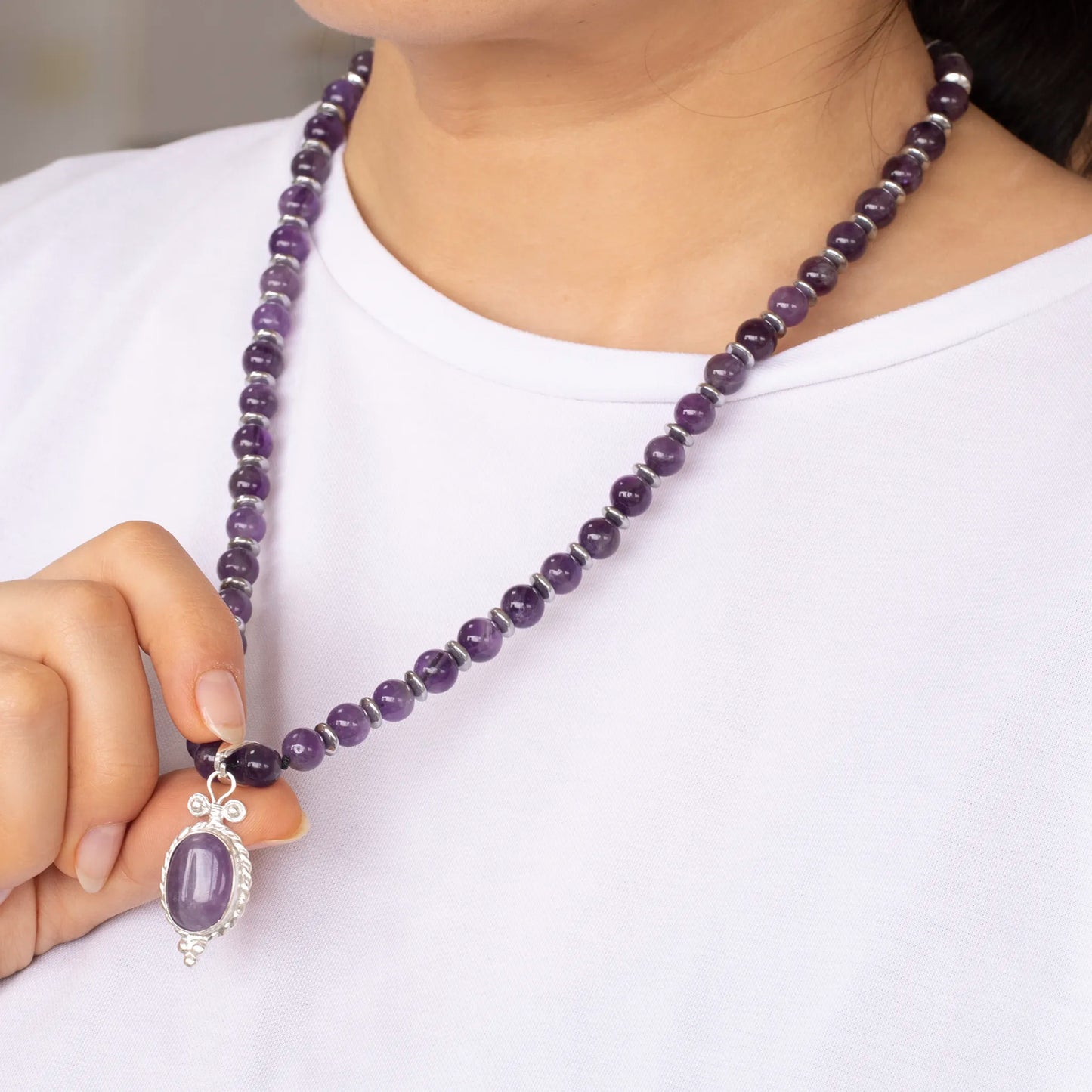 Natural Amethyst Silver Pendant, Natural Amethyst Beaded Clasp Necklace