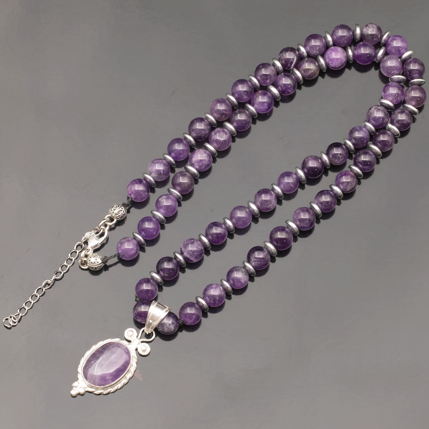 Natural Amethyst Silver Pendant, Natural Amethyst Beaded Clasp Necklace