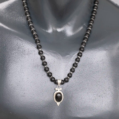 Natural Black Onyx Silver Pendant, Natural Matte Black Onyx Beaded Clasp Necklace