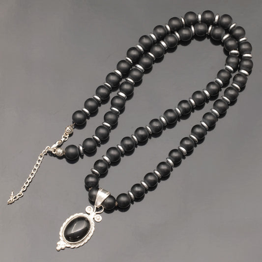 Natural Black Onyx Silver Pendant, Natural Matte Black Onyx Beaded Clasp Necklace