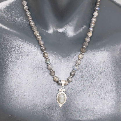 Natural Labradorite Silver Pendant, Natural Labradorite Beaded Clasp Necklace