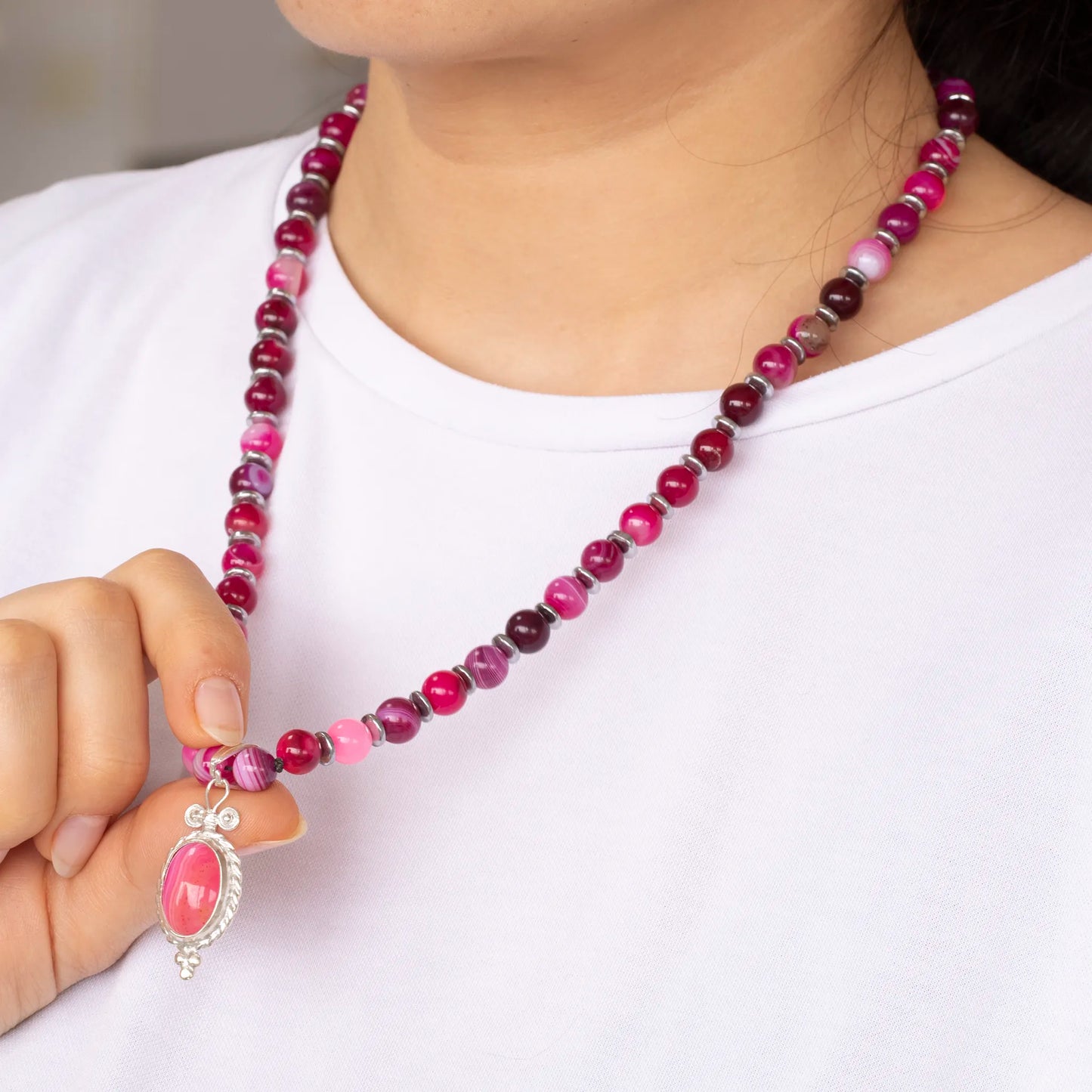 Natural Pink Agate Silver Pendant, Natural Pink Agate Beaded Clasp Necklace