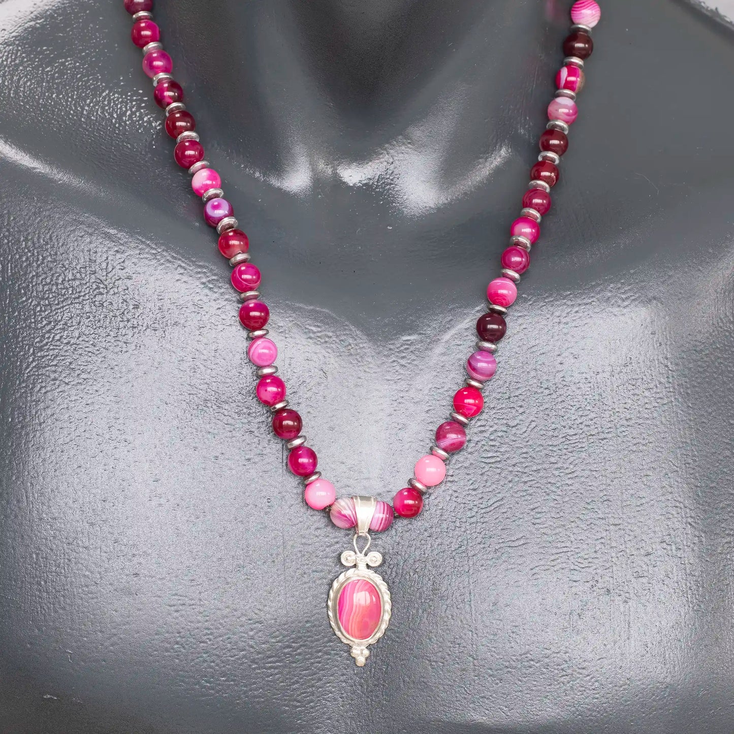 Natural Pink Agate Silver Pendant, Natural Pink Agate Beaded Clasp Necklace