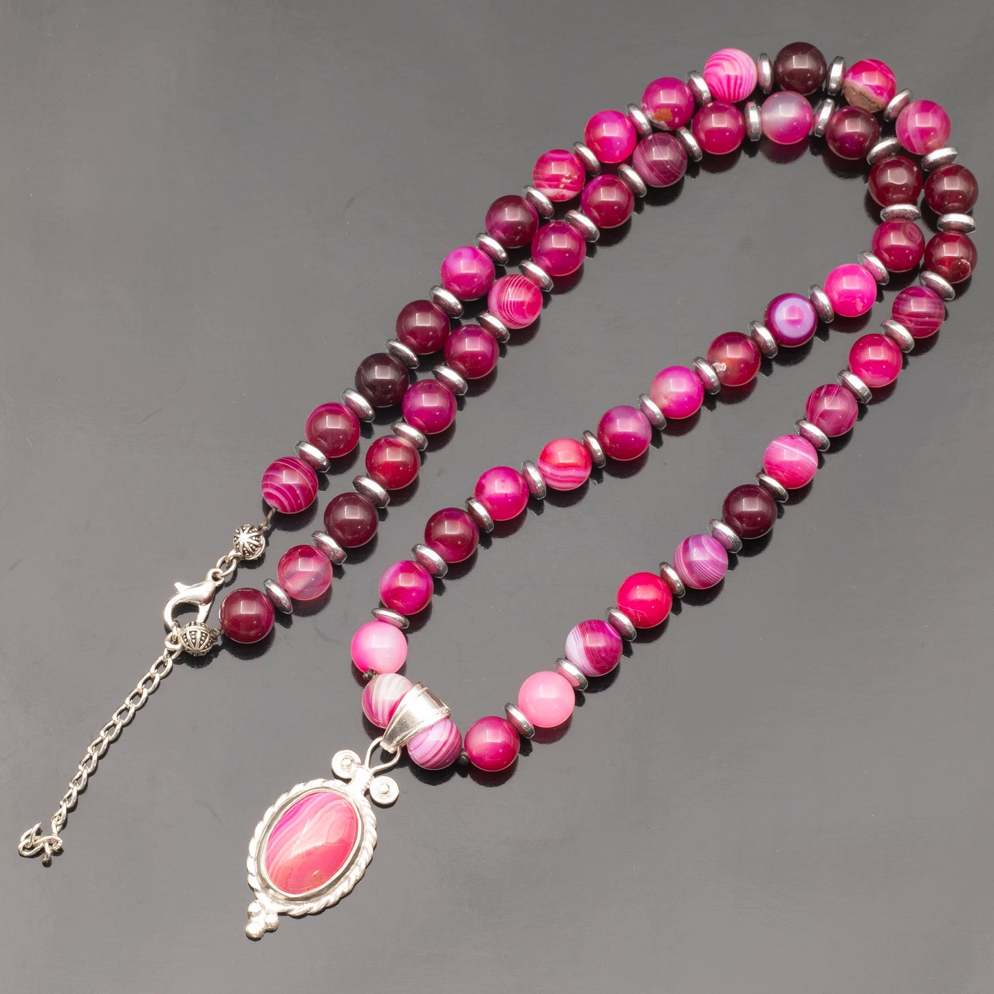 Natural Pink Agate Silver Pendant, Natural Pink Agate Beaded Clasp Necklace