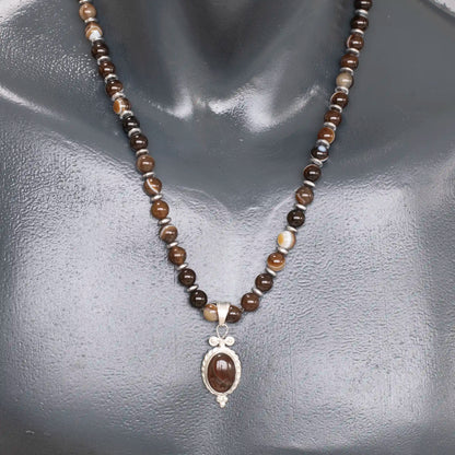 Natural Brown Agate Silver Pendant, Natural Brown Agate Beaded Clasp Necklace