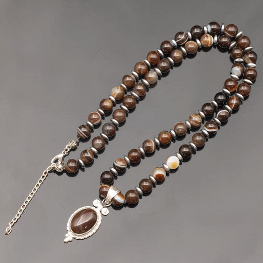 Natural Brown Agate Silver Pendant, Natural Brown Agate Beaded Clasp Necklace