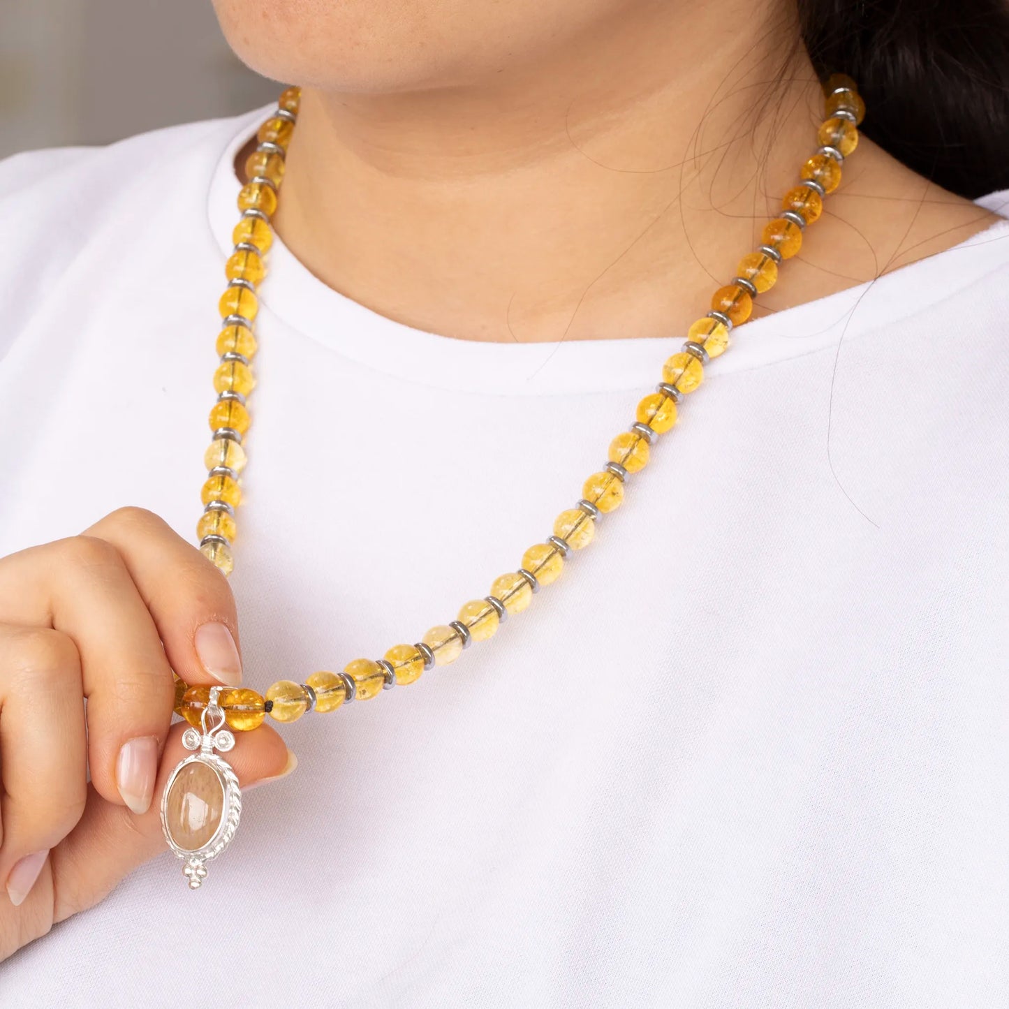 Natural Citrine Silver Pendant, Natural Citrine Beaded Clasp Necklace