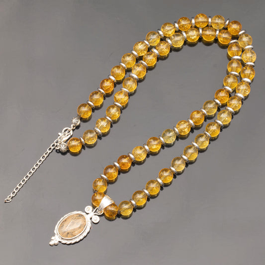 Natural Citrine Silver Pendant, Natural Citrine Beaded Clasp Necklace