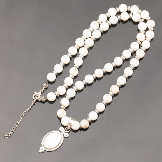 Natural Mother of Pearl Silver Pendant, Natural Mother of Pearl Beaded Clasp Necklace