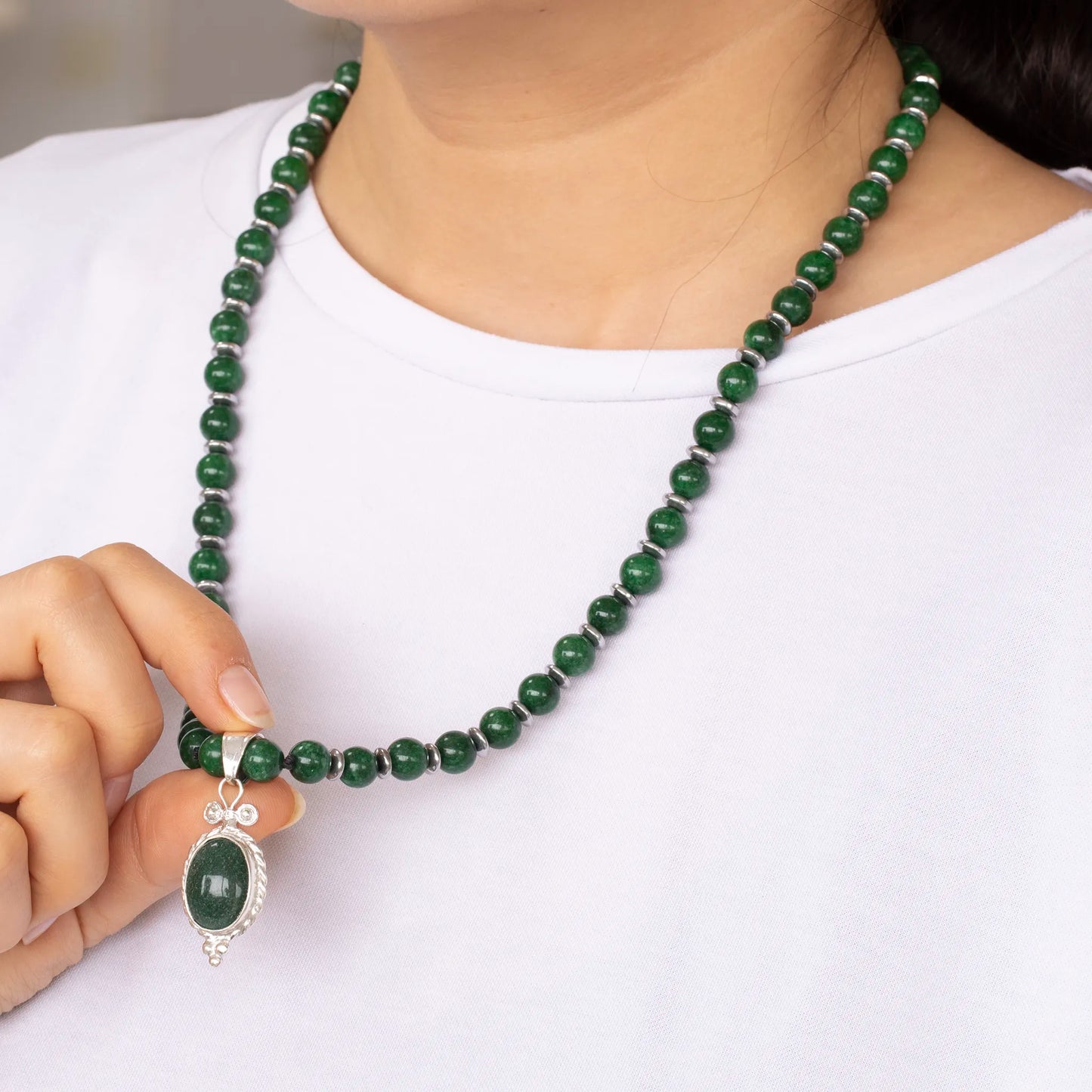 Natural Nephrite Jade Silver Pendant, Natural Nephrite Jade Beaded Clasp Necklace