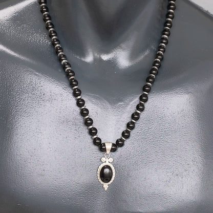 Natural Black Onyx Silver Pendant, Natural Black Onyx Beaded Clasp Necklace