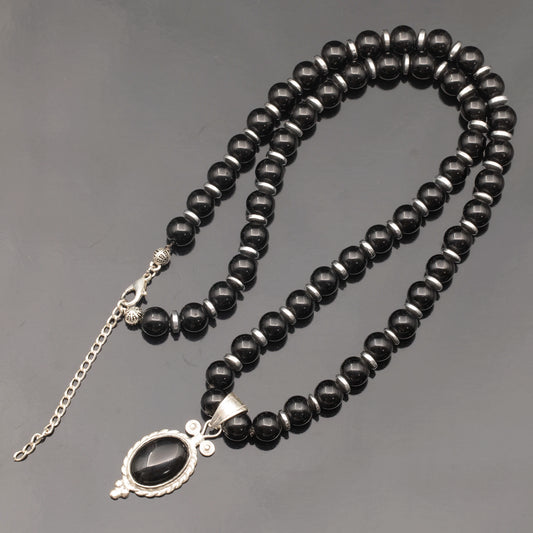 Natural Black Onyx Silver Pendant, Natural Black Onyx Beaded Clasp Necklace