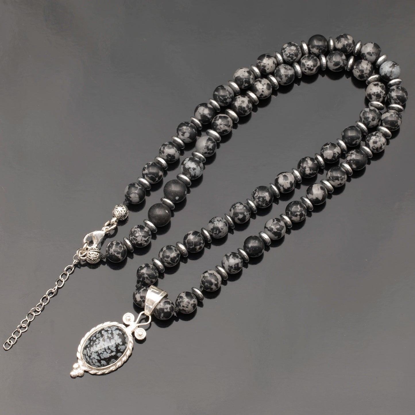 Natural Snowflake Obsidian Silver Pendant, Natural Snowflake Obsidian Beaded Clasp Necklace