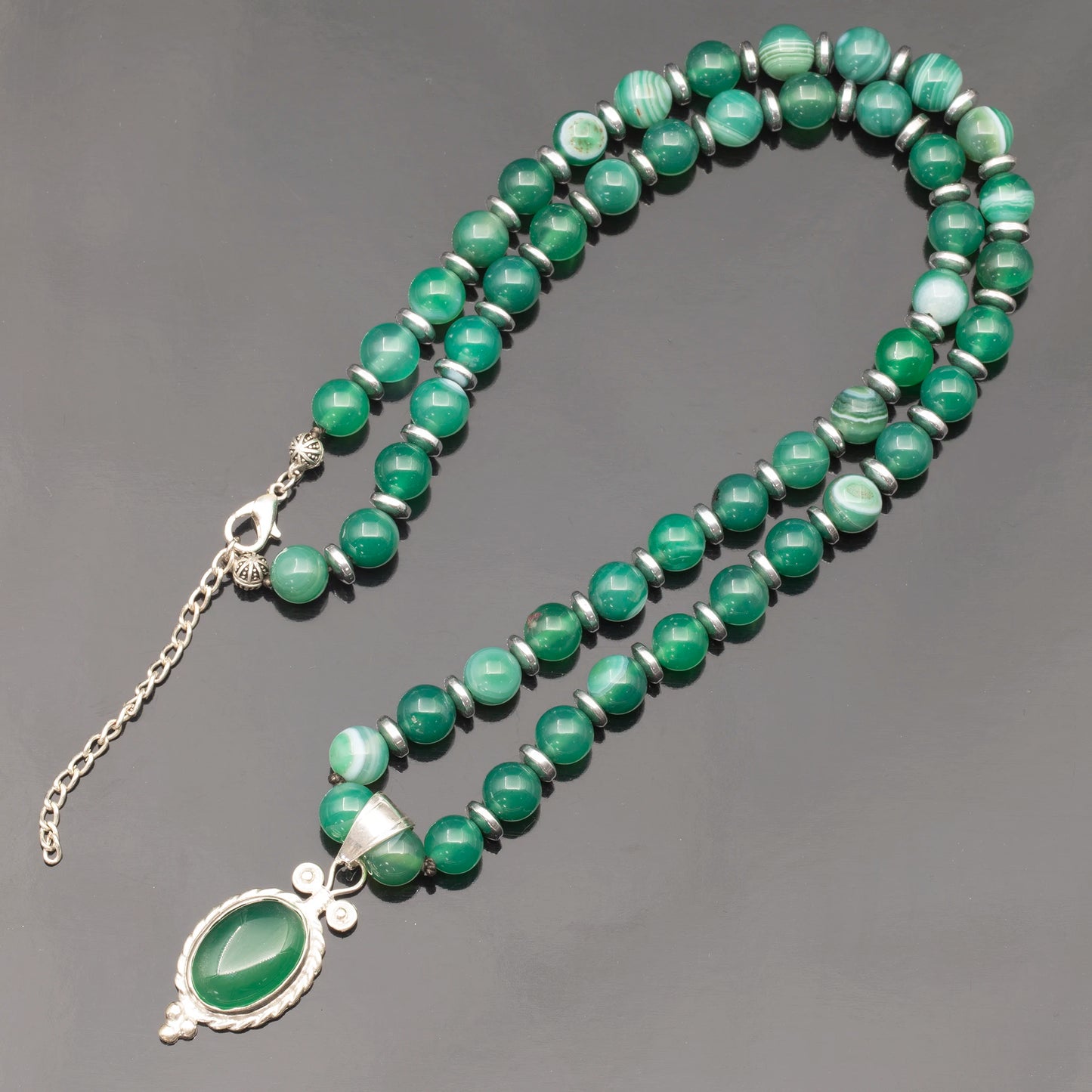 Natural Green Agate Silver Pendant, Natural Green Agate Beaded Clasp Necklace