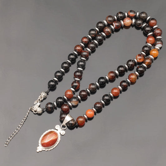 Natural Carnelian Agate Silver Pendant, Natural Carnelian Agate  Beaded Clasp Necklace