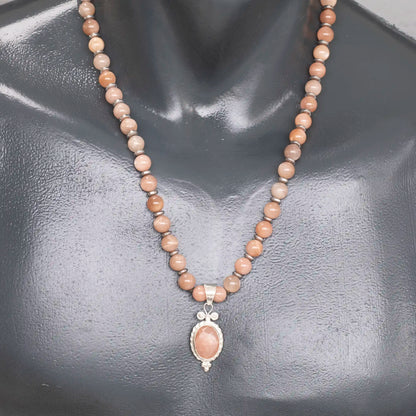 Natural Sunstone Silver Pendant, Natural Sunstone Beaded Clasp Necklace