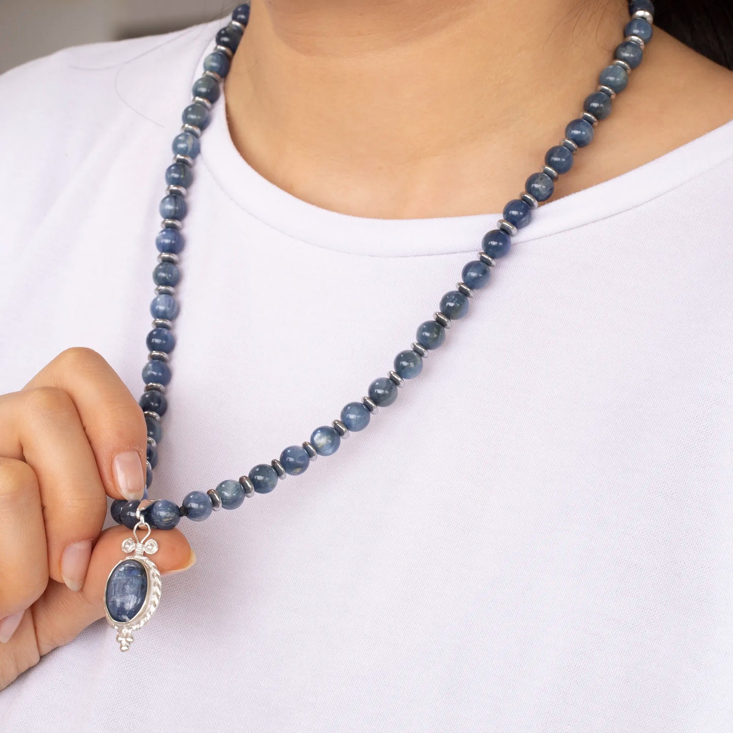 Natural Kyanite Silver Pendant, Natural Kyanite Beaded Clasp Necklace